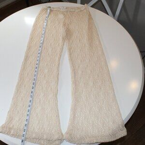 KNIT SWIM COVERUP WIDE-LEG CROCHET PANTS  beige sheer elastic waist sz Small